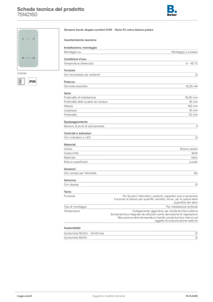 Immagine Berker Scheda tecnica del prodotto 75142160 | Hager Italia
