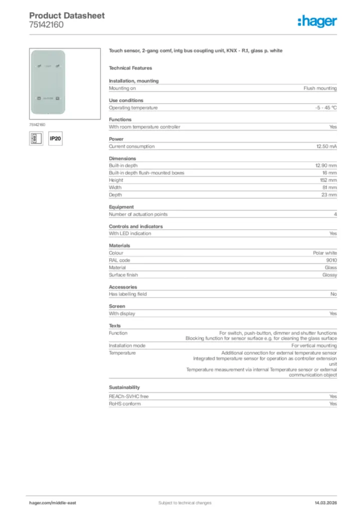 Image Hager Product data sheet 75142160  | Hager