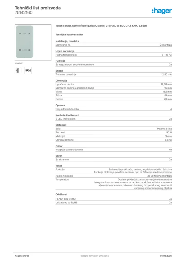 Slika Hager Tehnički list proizvoda 75142160  | Hager