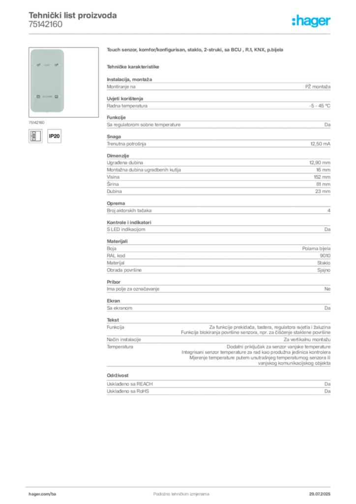 Slika Hager Product data sheet 75142160  | Hager