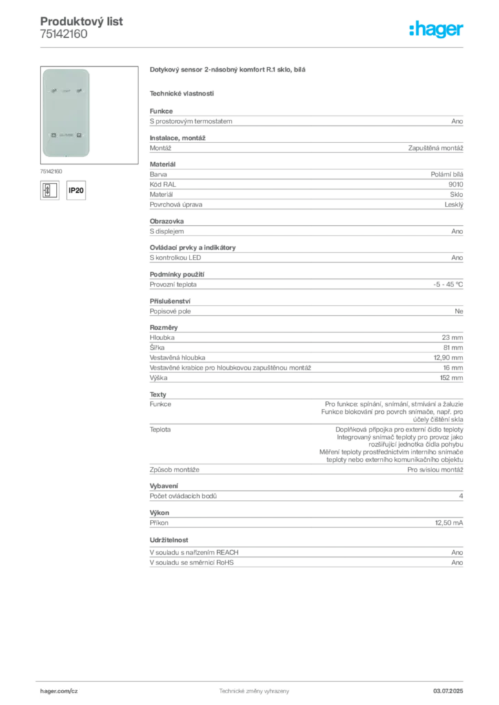 Obrázek Hager Produktový list 75142160 | Hager