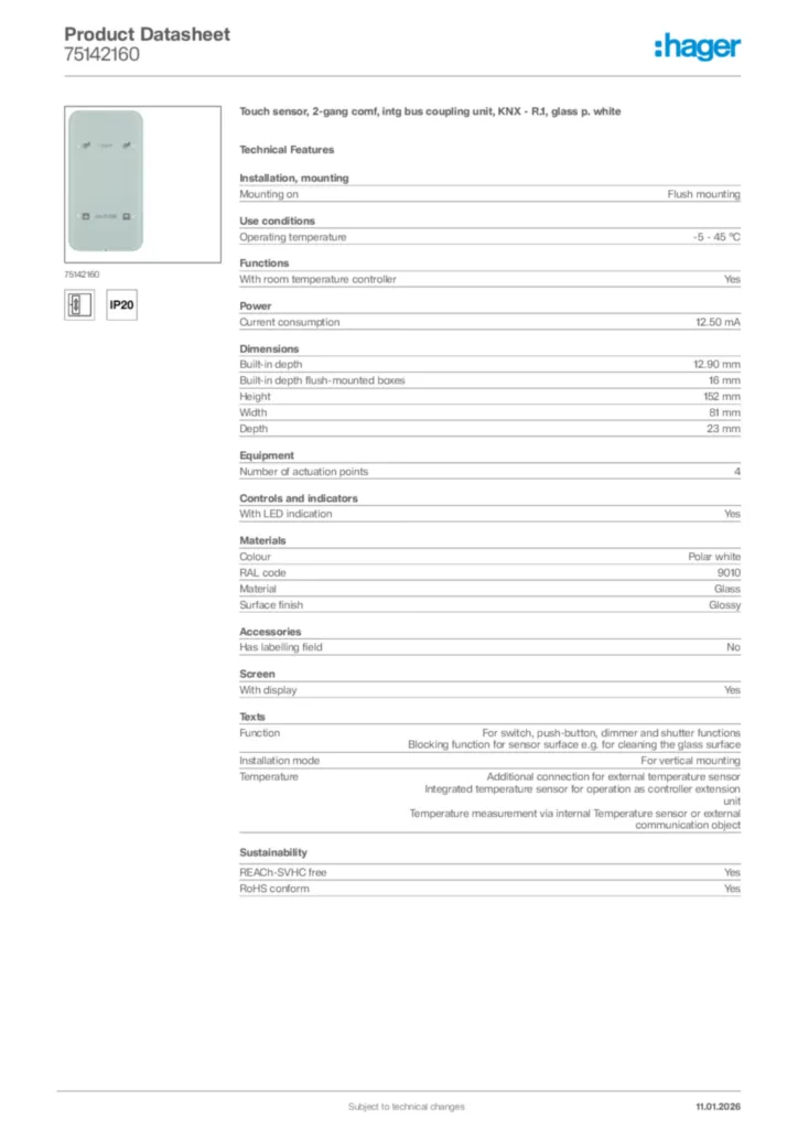 Image Hager Product data sheet 75142160  | Hager