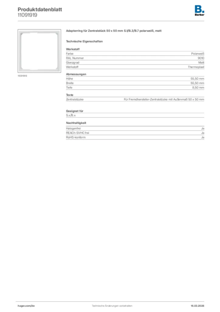 Bild Berker Produktdatenblatt 11091919 | Hager Deutschland