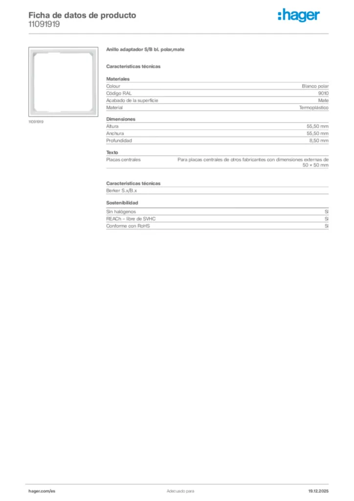Imagen Hager Ficha de datos de producto 11091919 | Hager España