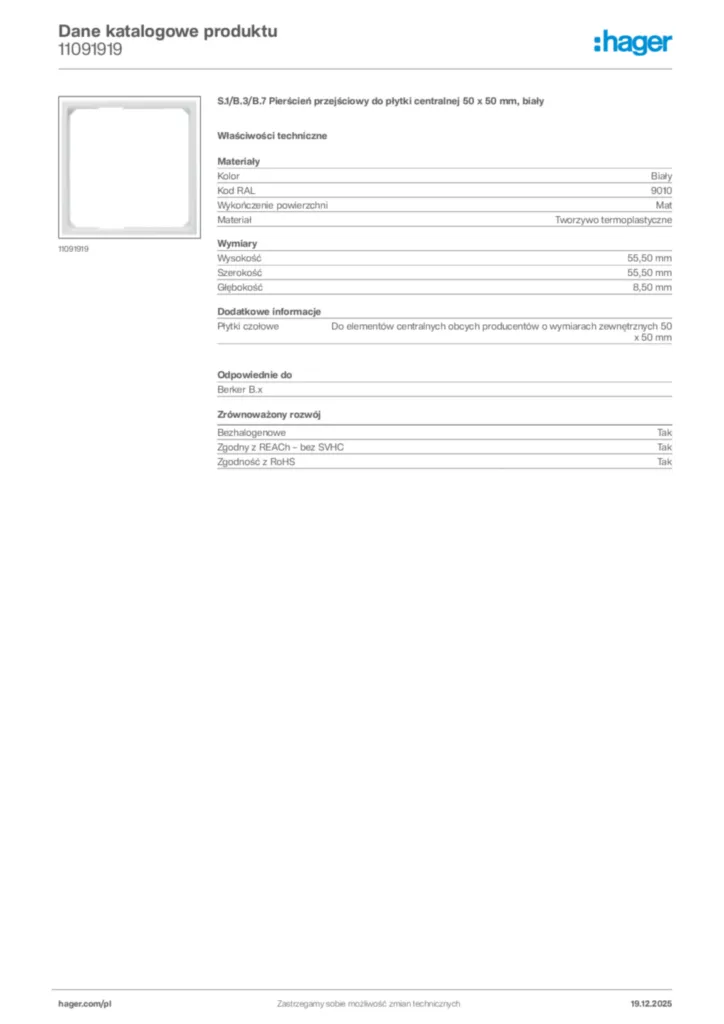 Zdjęcie Hager Karta katalogowa 11091919 | Hager Polska