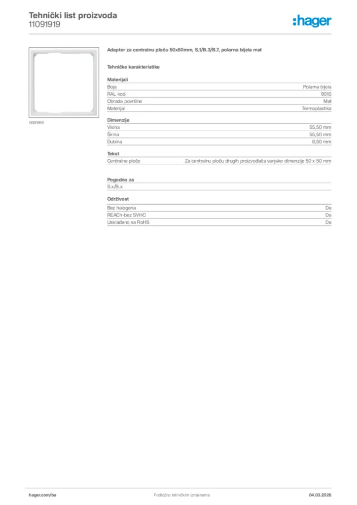 Slika Hager Tehnički list proizvoda 11091919  | Hager