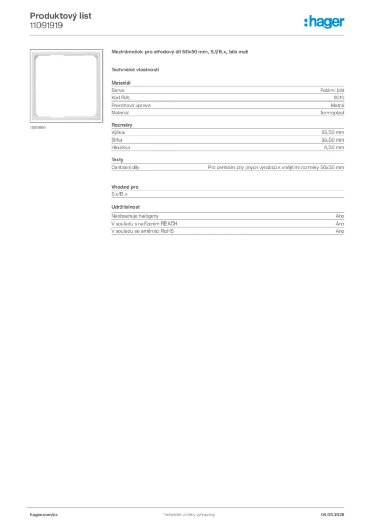 Obrázek Hager Product data sheet 11091919 | Hager