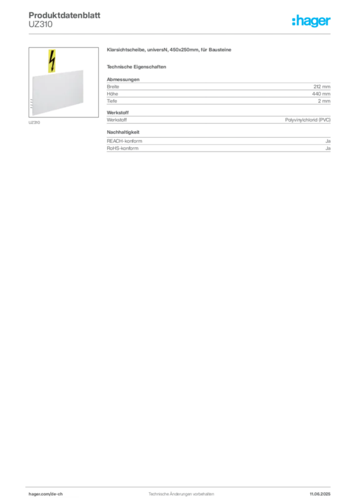 Bild Hager Produktdatenblatt UZ310 | Hager Schweiz