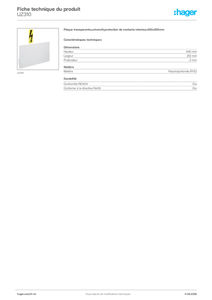 Image Hager Fiche technique du produit UZ310 | Hager Suisse