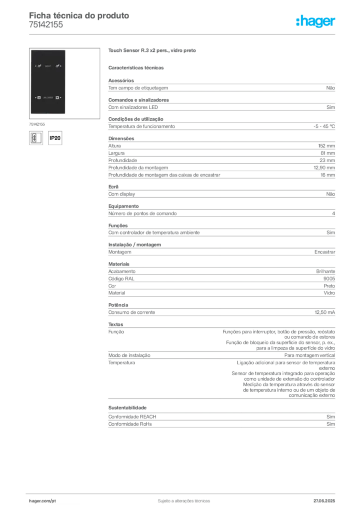 Imagem Hager Ficha técnica do produto 75142155 | Hager Portugal