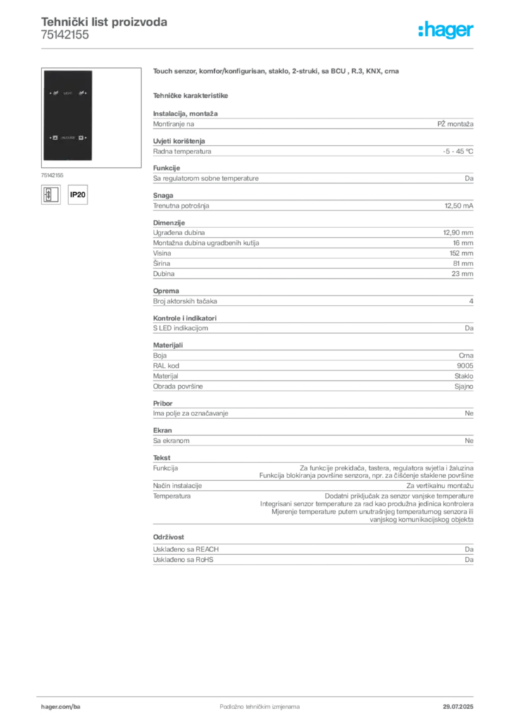 Slika Hager Product data sheet 75142155  | Hager