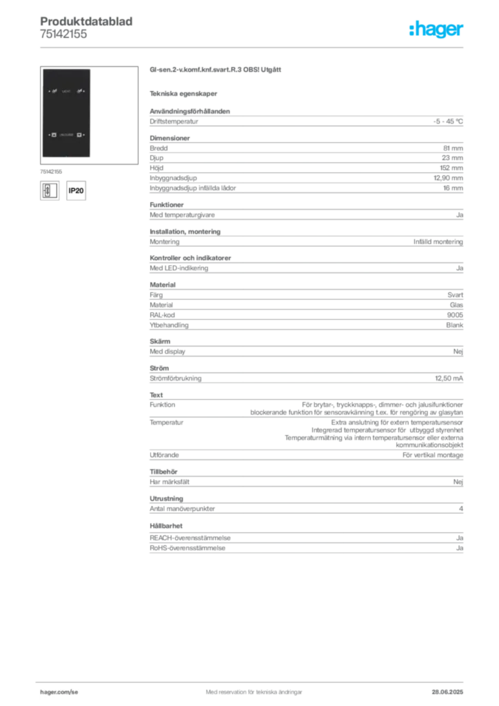 Bild Hager Produktdatablad 75142155 | Hager Sverige