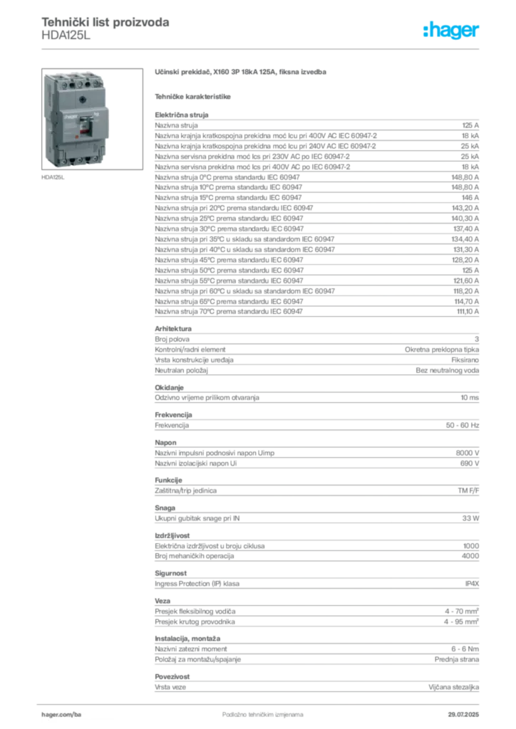 Slika Hager Product data sheet HDA125L  | Hager