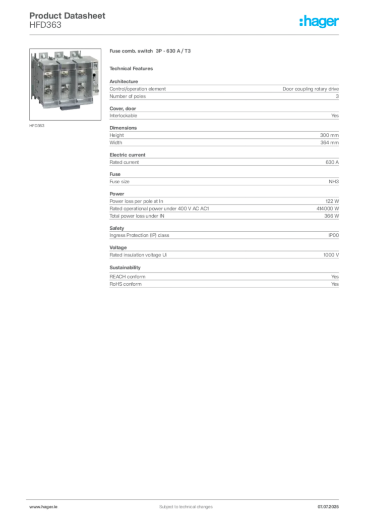 Image Hager Product data sheet HFD363  | Hager