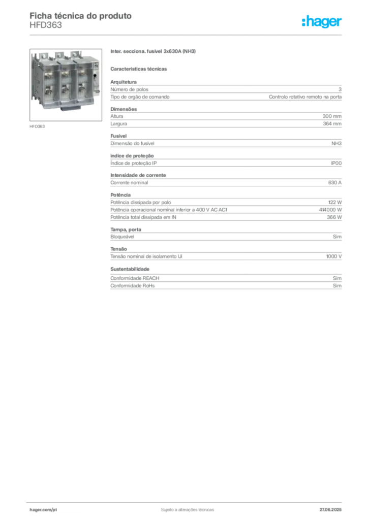 Imagem Hager Ficha técnica do produto HFD363 | Hager Portugal