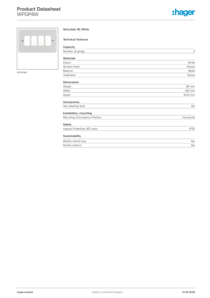 Image Hager Product data sheet WPGP4W  | Hager