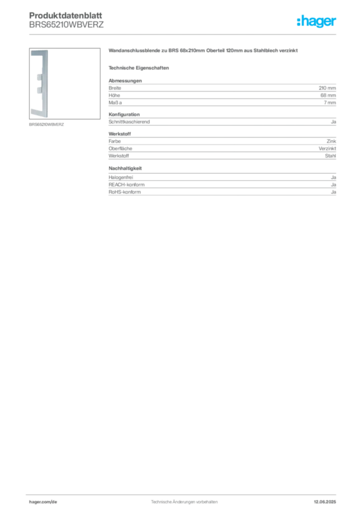 Bild Hager Produktdatenblatt BRS65210WBVERZ | Hager Deutschland