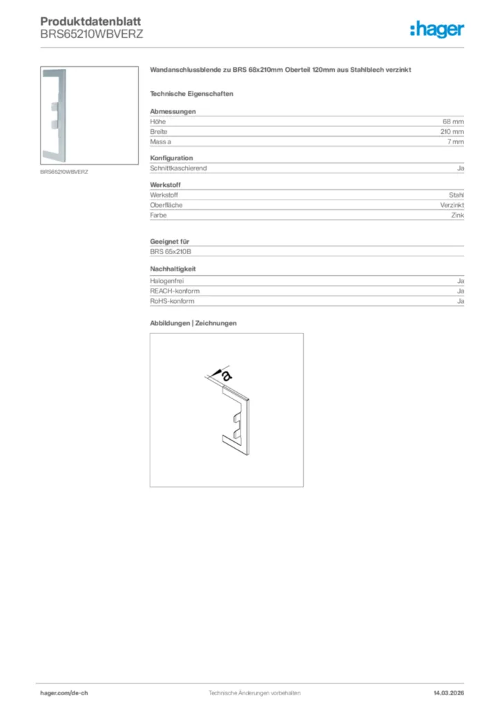 Bild Hager Produktdatenblatt BRS65210WBVERZ | Hager Schweiz