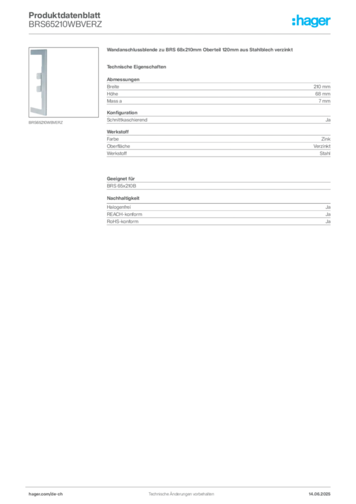 Bild Hager Produktdatenblatt BRS65210WBVERZ | Hager Schweiz