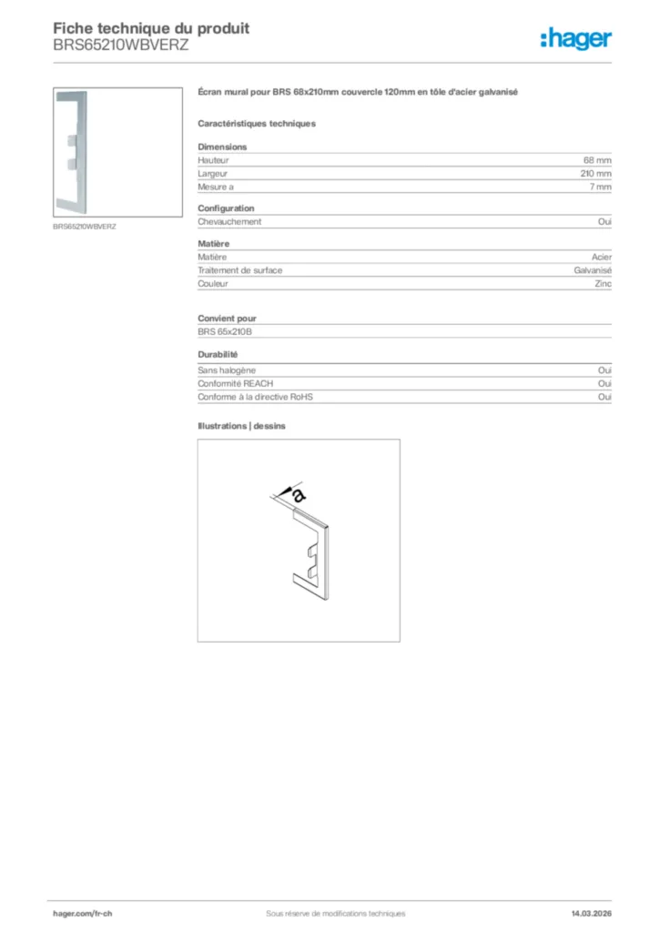Image Hager Fiche technique du produit BRS65210WBVERZ | Hager Suisse