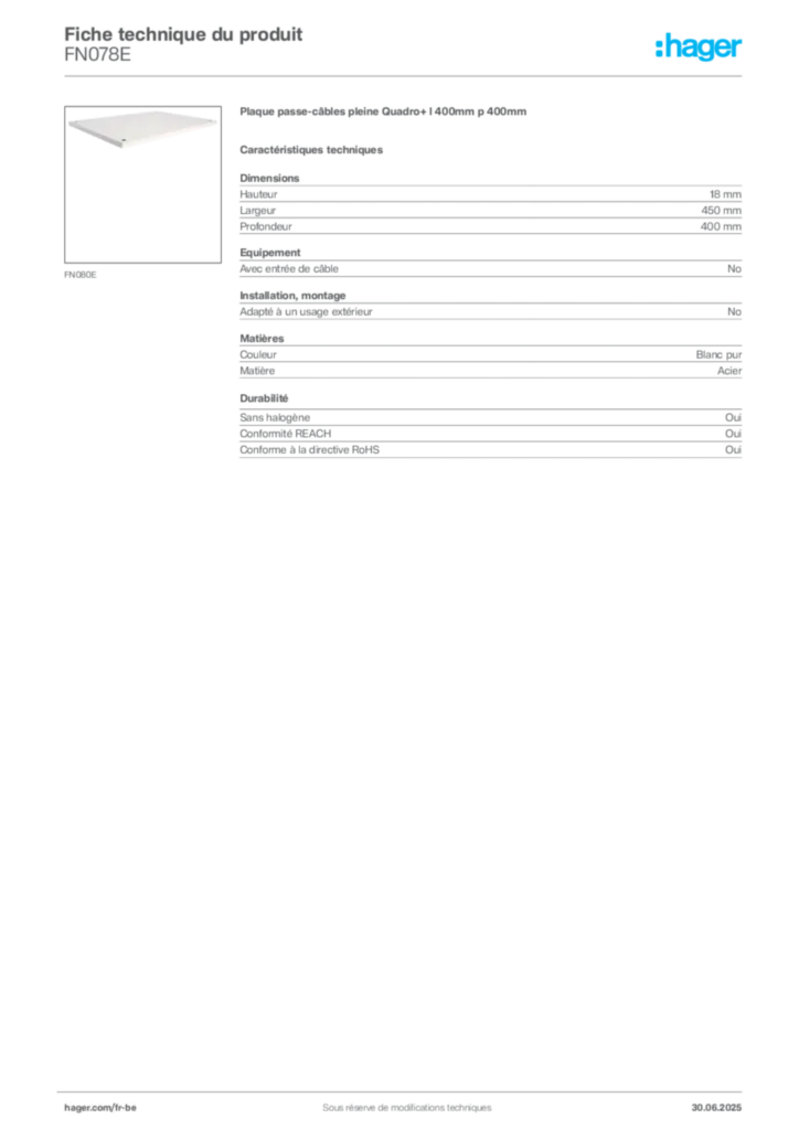 Image Hager Fiche technique du produit FN078E | Hager Belgique