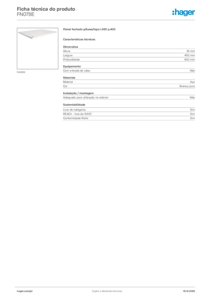 Imagem Hager Ficha técnica do produto FN078E | Hager Portugal
