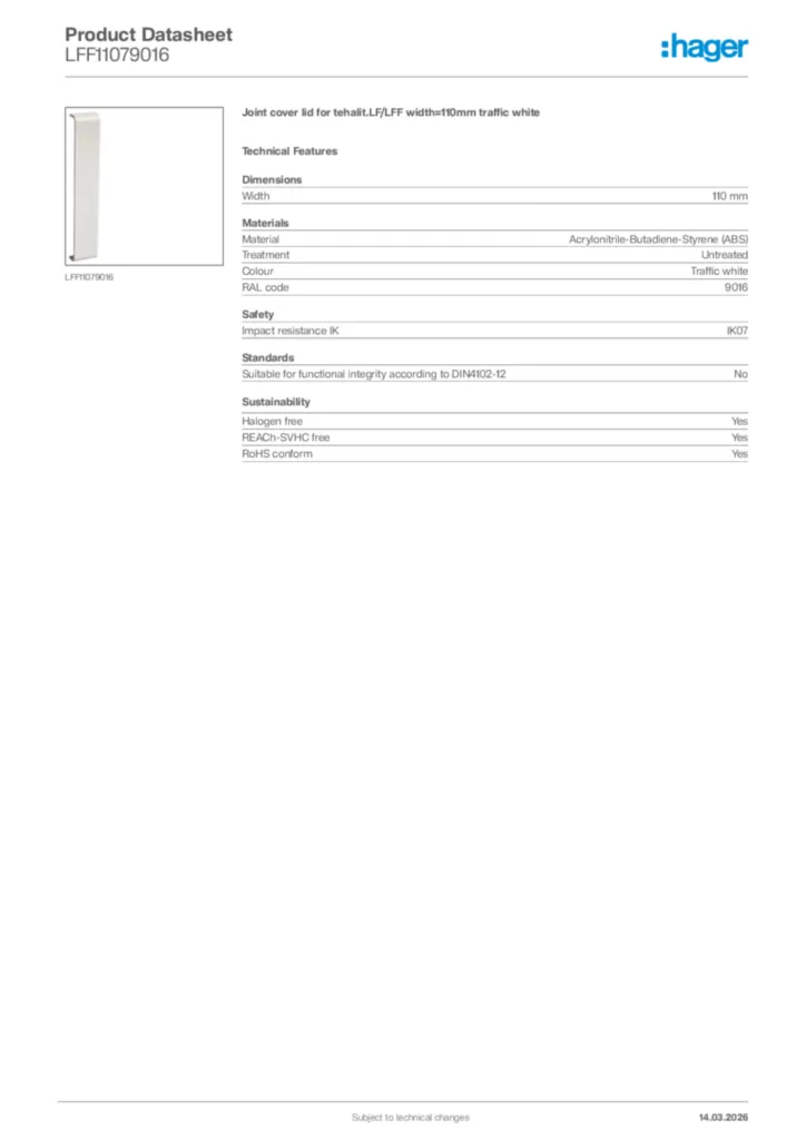 Image Hager Product data sheet LFF11079016  | Hager Africa