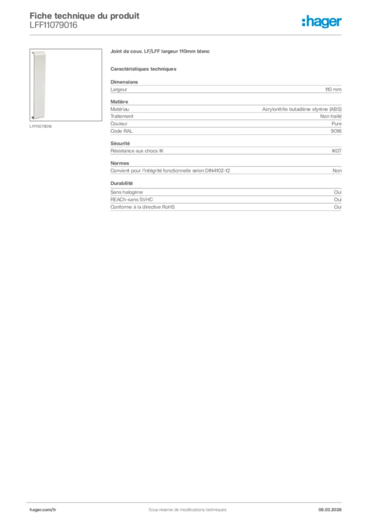 Image Hager Fiche technique du produit LFF11079016 | Hager France