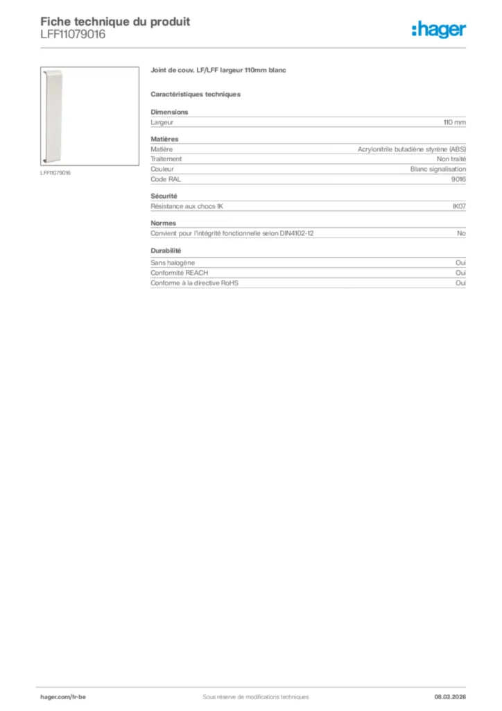 Image Hager Fiche technique du produit LFF11079016 | Hager Belgique