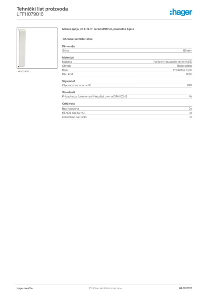 Slika Hager Tehnički list proizvoda LFF11079016  | Hager