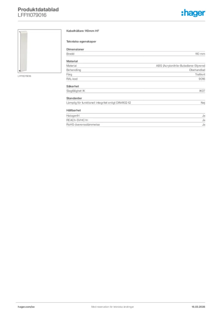 Bild Hager Produktdatablad LFF11079016 | Hager Sverige