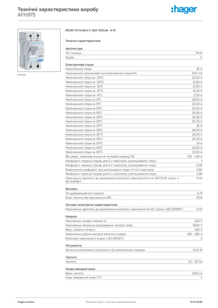 Зображення Hager Технічні характеристики виробу AFH975 | Hager