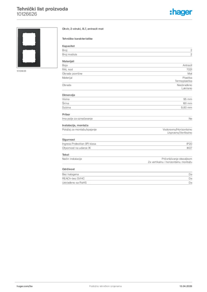 Slika Hager Tehnički list proizvoda 10126626  | Hager
