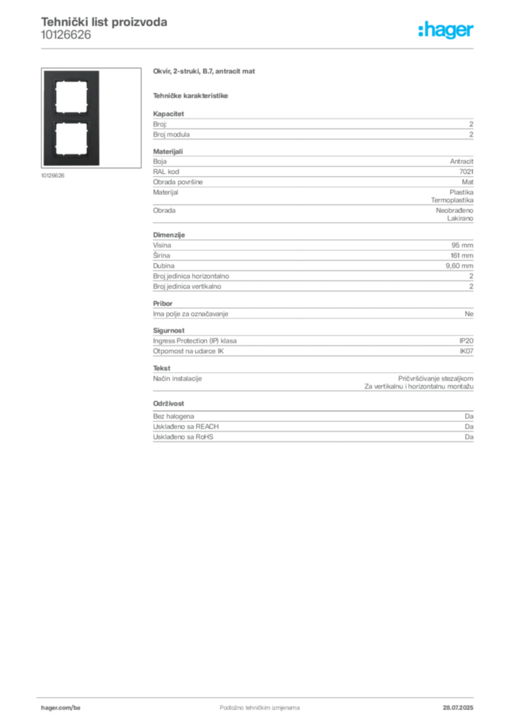 Slika Hager Product data sheet 10126626  | Hager