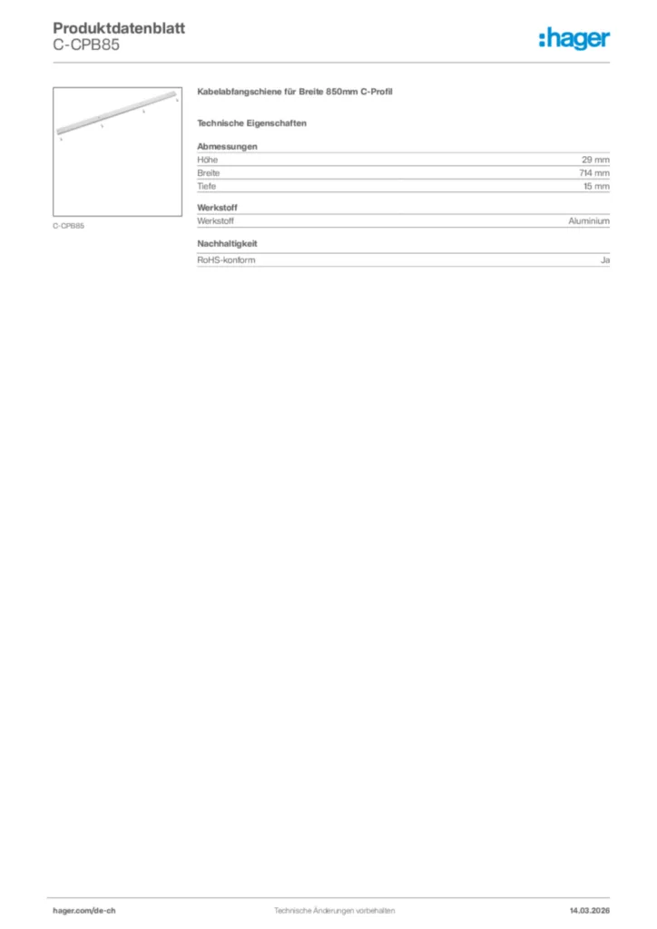 Bild Hager Produktdatenblatt C-CPB85 | Hager Schweiz