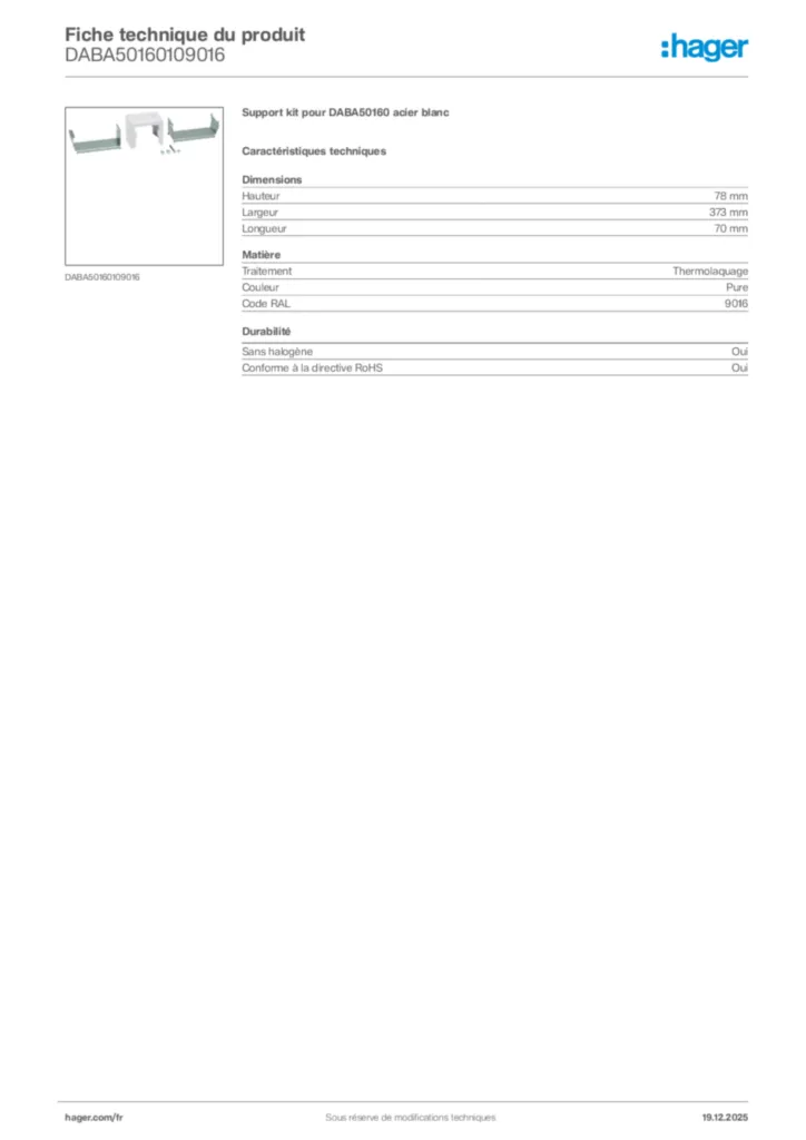Image Hager Fiche technique du produit DABA50160109016 | Hager France