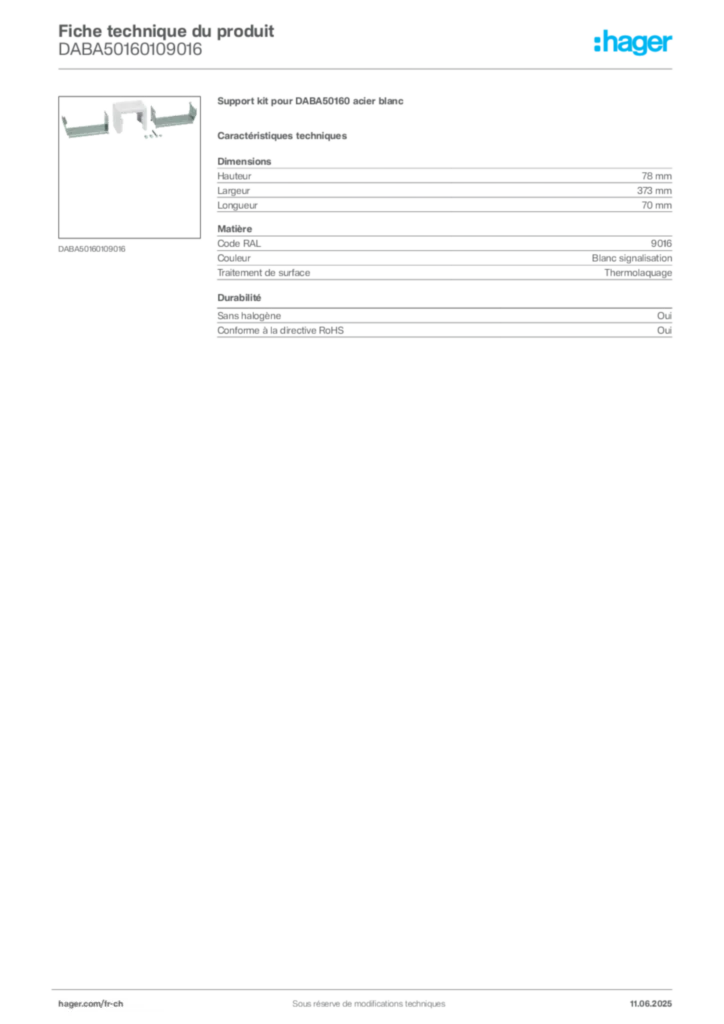 Image Hager Fiche technique du produit DABA50160109016 | Hager Suisse