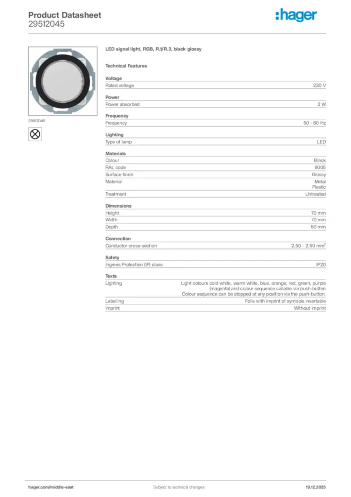 Image Hager Product data sheet 29512045  | Hager