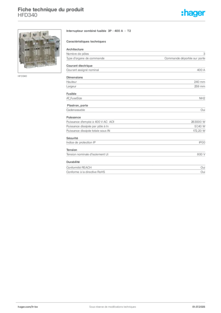 Image Hager Fiche technique du produit HFD340 | Hager Belgique
