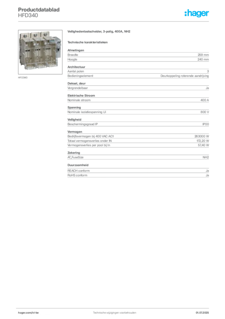 Afbeelding Hager Productdatablad HFD340 | Hager Belgium