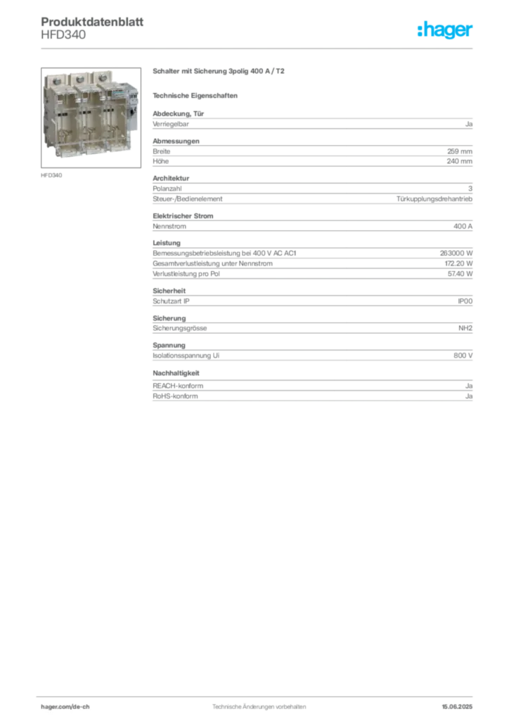 Bild Hager Produktdatenblatt HFD340 | Hager Schweiz