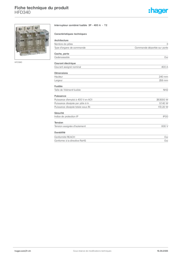 Image Hager Fiche technique du produit HFD340 | Hager Suisse