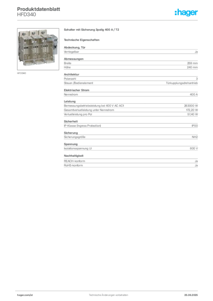 Bild Hager Produktdatenblatt HFD340 | Hager Deutschland