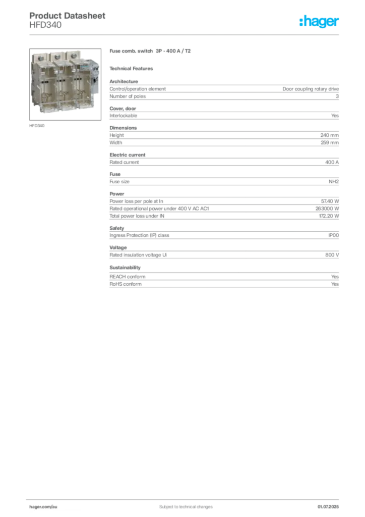 Image Hager Product data sheet HFD340  | Hager Australia