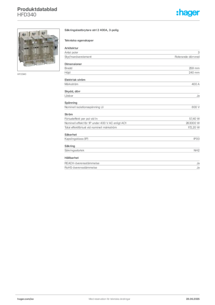 Bild Hager Produktdatablad HFD340 | Hager Sverige