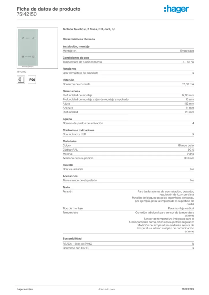 Imagen Hager Ficha de datos de producto 75142150 | Hager España