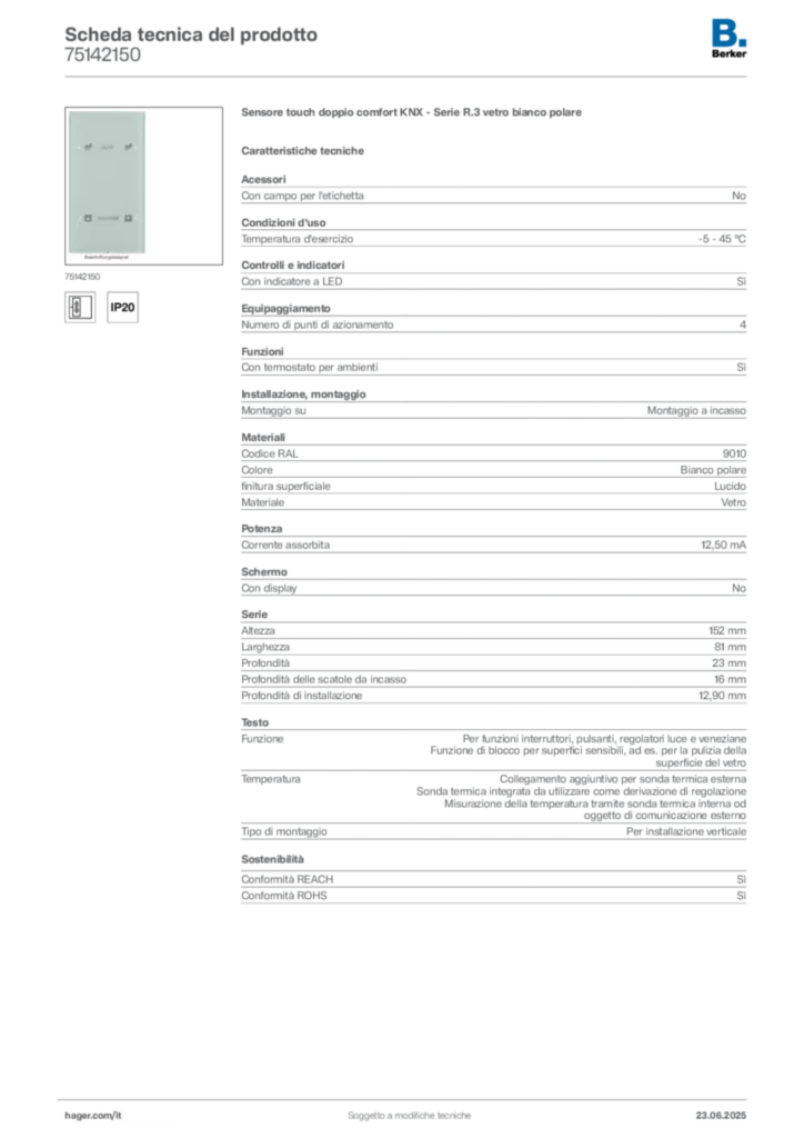 Immagine Berker Scheda tecnica del prodotto 75142150 | Hager Italia
