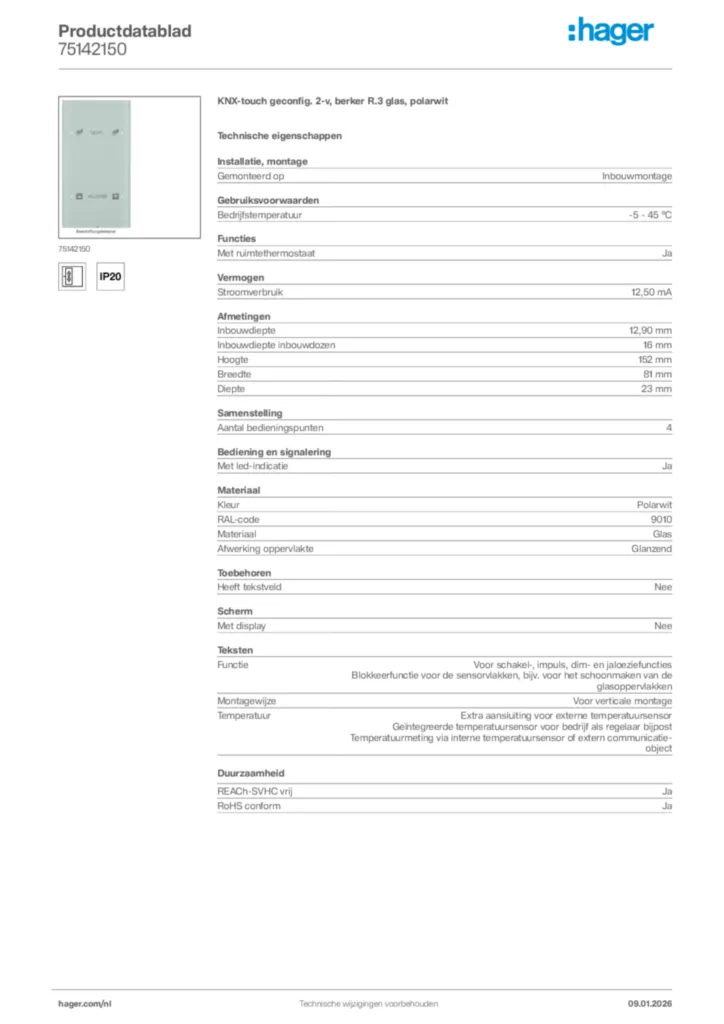 Afbeelding Hager Productdatablad 75142150 | Hager Nederland