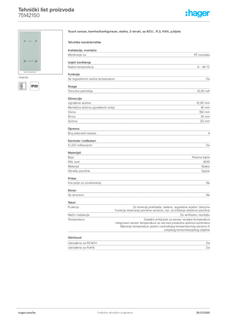 Slika Hager Product data sheet 75142150  | Hager