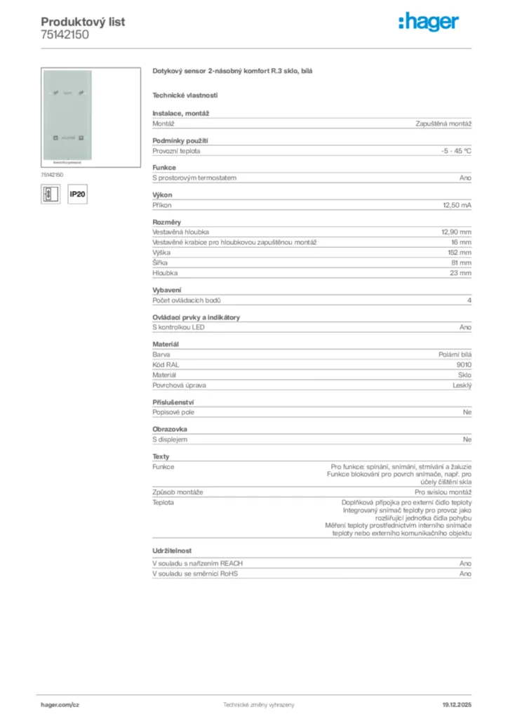 Obrázek Hager Produktový list 75142150 | Hager
